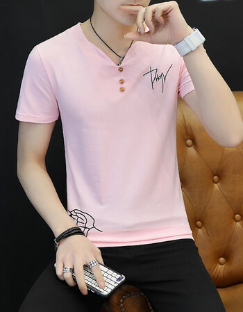 t恤2018夏季新款纯棉印花潮男装上衣服圆领韩版半袖体恤衫 t07粉色 xl