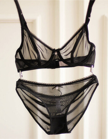 欧美女士文胸套装薄款性感网纱透明隐形诱惑内衣 蕾丝柔软胸罩 黑色