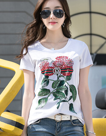t恤女宽松印花图案手工钉珠圆领t恤女圆领短袖2018夏季休闲女装大码