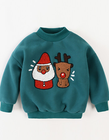 男女童卡通圣诞卫衣2017新款冬装可爱加绒套头衫宝宝休闲上衣 绿色