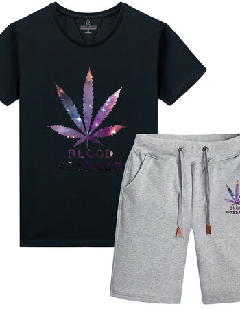 星空潮牌枫叶短袖体桖套装男运动宽松半截袖青少年外穿短裤大裤头 (黑