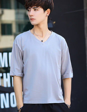 短袖男韩版潮学生宽松潮流衣服帅气男装t恤2018夏季v领五分袖 灰色 m