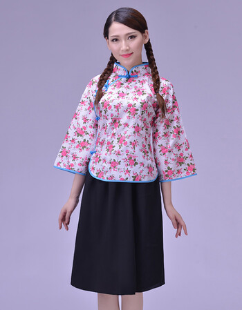 2018年春季新品采茶服装女民国风服装丫鬟服乡村女裙子村姑表演茶楼