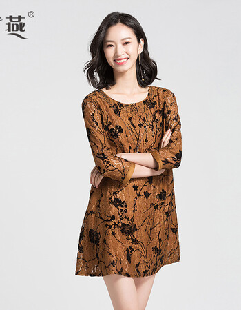 梦燕新品焦糖色休闲时连衣裙七分袖名媛气质圆领显瘦女神aa8315 焦糖