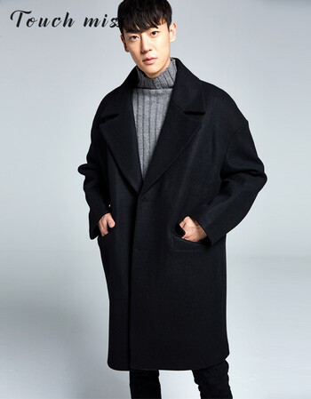 ulzzang冬季韩国超宽松风衣长款男士大翻领毛呢大衣外套加棉加厚 黑色