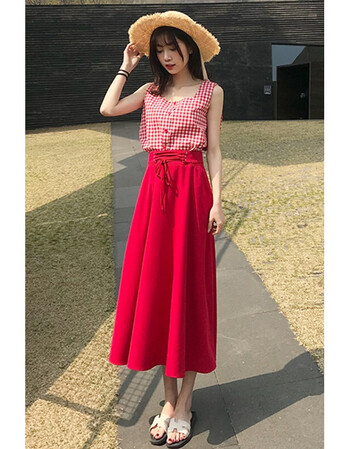 背心无袖短款上衣女两件套高腰绑带a字裙显瘦半身长裙时尚套装裙 红色