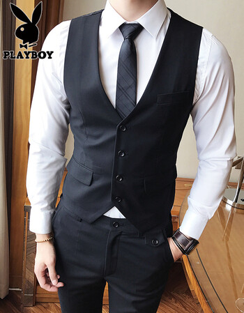 花花公子 绅士英伦修身韩版纯色简约马甲男坎肩 黑色 l