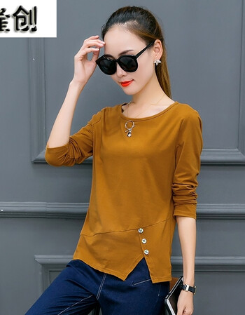 早春秋季新款百搭上衣服长袖t恤女韩版宽松大码小打底衫体恤 浅棕色