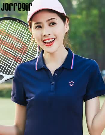 短袖t恤女运动polo衫纯棉翻领纯色宽松大码有领上衣女装体恤 宝蓝色