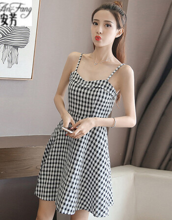 女生2018新款少女夏装格子吊带裙韩版修身打底裙小清新连衣裙初中学生