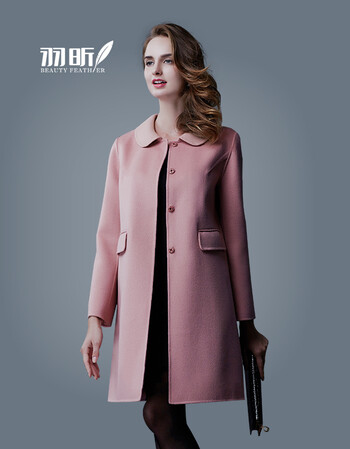 羽昕女装 纯手工双面羊毛呢大衣女2016秋冬新款毛呢外套OL中长款呢子大衣 浅粉色春 XL