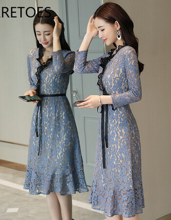 2018夏装新款女装韩版修身显瘦中长款花边裙子女士长袖连衣裙潮 图片