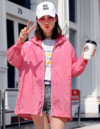 夏季新款中长款防晒衣女韩版宽松连帽字母印花超薄防晒服外套 粉色 m