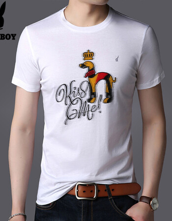 花公子短袖t恤男装2018夏季新款男士丝光棉印花圆领上衣修身衣服 白色