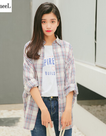 女2018春夏新款韩版宽松显瘦甜美学院风长袖格子衬衣外套女学生上衣