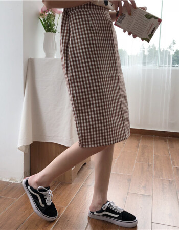 夏季新款韩版格子高腰百搭显瘦中长款开叉修身包臀半身裙一步裙女