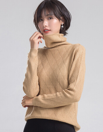 女士自由领羊绒衫 休闲百搭简约针织长袖套头衫 提花毛衣 2712 浅驼色