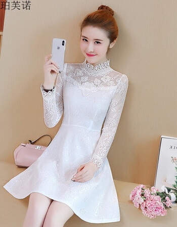 蕾丝连衣裙女中长款2018春装新款韩版长袖高领镂空时尚打底a字裙 白色