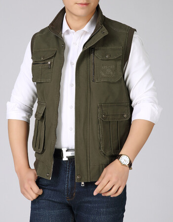 春秋薄款中老年男士多口袋纯棉全棉中年马甲背心爸爸装马夹坎肩男 军