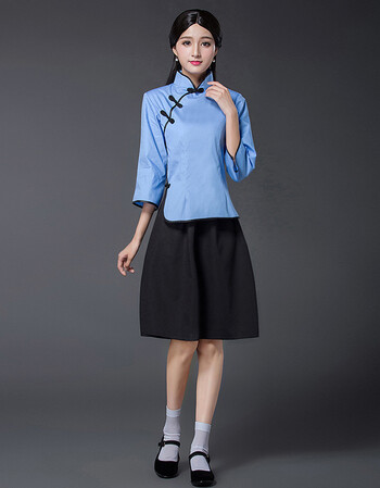 女五四青年装民国套装演出服民国服装民国风女装 蓝衣 黑短裙送袜子 m