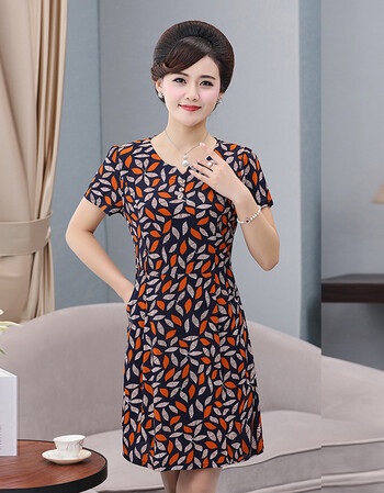 妈妈装2018夏季连衣裙 45-55岁中年女士短袖中长款花色裙子中老年人