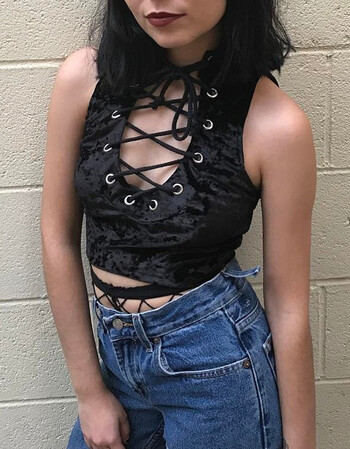 欧美秋冬性感绑带镂空显胸无袖丝绒吊带背心内搭紧身上衣女 黑色 m