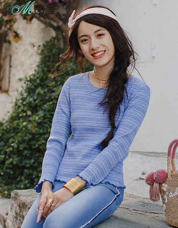 茵曼2018春装新款简约圆领百搭条纹长袖t恤女 浅蓝色 l