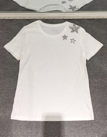 夏装新款韩版修身纯色袁姗姗同款水钻钉珠五角星星短袖t恤 女 白色 m