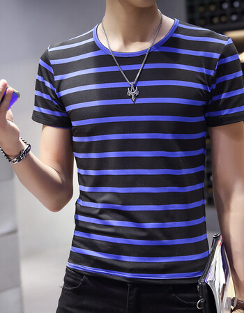 杰诗格威2016夏装新款青年圆领修身水洗条纹短袖t恤男 黑蓝 m
