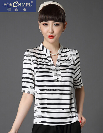 真丝衬衫女2018夏季新款弹力短袖百搭大码时尚上衣 白底黑条纹 165/l