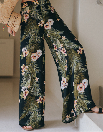 viss金 度假夏海边旅行欧美宽松碎花长裤雪纺阔腿花裤子女 裤子 送