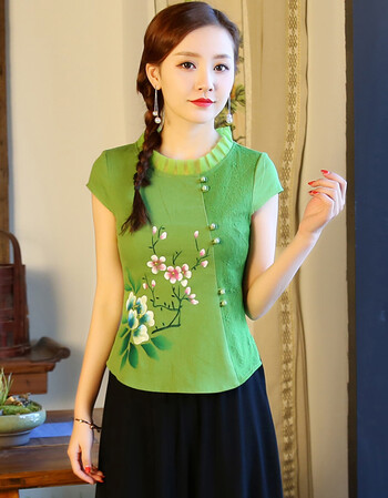 改良唐装女日常民族风 时尚圆领改良中国风手绘画麻料复古上衣 绿色