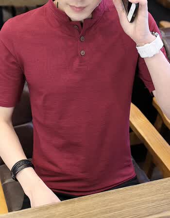 短袖t恤男2018新款男士半袖polo衫韩版修身潮流青少年上衣服 酒红色