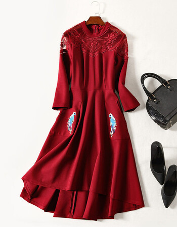 2018春季新款色罗马绣花燕尾连衣裙不规则a字裙 枣红色 l