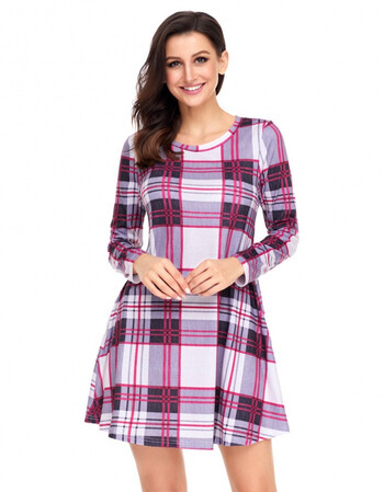 欧美迷你礼服多色格子圆领长袖有口袋高腰女式连衣裙220183 多色 m