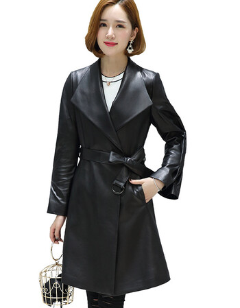 欧洲站秋装新款海宁真皮皮衣女长款绵羊皮真皮风衣女修身单皮外套