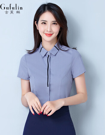 短袖衬衫女职业装商务正装修身白色v领大码工装衬衣酒店工作服上衣女