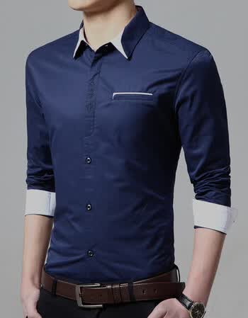 印花衬衫男长袖休闲衬衫男士商务衬衫大码衬衣西服打底衫潮 深蓝色