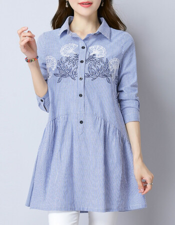 装条纹长衬衫休闲纯棉衬衣上衣服韩版宽松裙摆个性中长款女潮 天蓝色