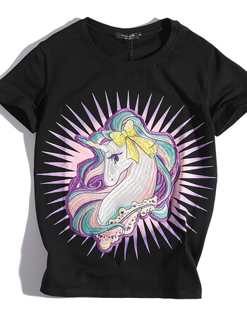 夏尔维纳18夏季衣服刺绣小马短袖t恤女独角兽印花宽松情侣装 黑色 s