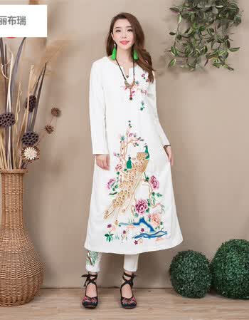 中国风棉麻刺绣长袖立领a字型连衣裙女装 白色 l【图片 价格 品 
