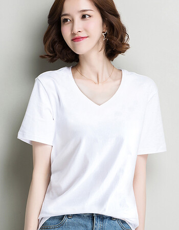 v领宽松短袖t恤女夏新款韩版半袖简约纯色鸡心领百搭上衣体恤 白色 xl