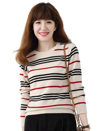 秋冬新款女士拼色圆领彩色道道羊绒针织打底衫修身百搭套头毛衣米驼