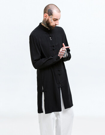 风男装亚麻中长款唐装长袍改良汉服明国长衫大褂盘扣中式外套 黑色