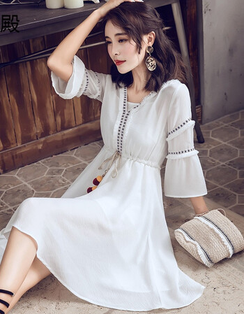 波西米亚高腰中长裙夏季海边度假沙滩裙子女中长款系带收腰连衣裙