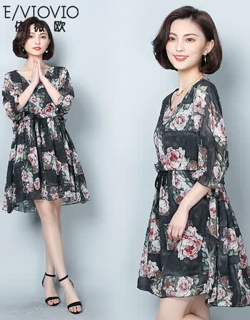 加大码女装雪纺裙子中长款2018夏新款加肥加大码印花减龄连衣裙 ye