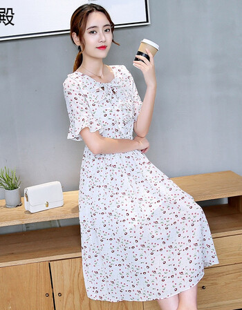 2017夏新款小清新蝴蝶结小碎花雪纺连衣裙中长款荷叶边收腰长裙女