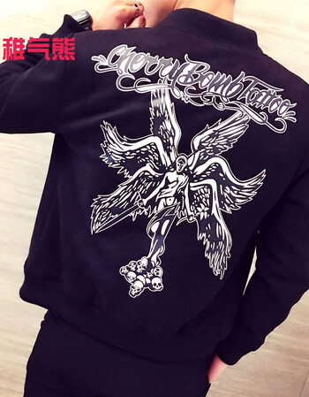 稚气熊2017新款秋冬季男生黑色六翼天使印花加厚棉衣外套修身夹克鹿皮