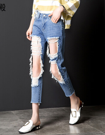 乞丐裤女大破洞宽松2018韩版烂牛仔裤女九分裤港味裤子大腿破洞裤
