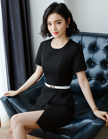 显瘦职业西装连衣裙夏季新款商务工作服女ol正装空姐制服 黑色连衣裙